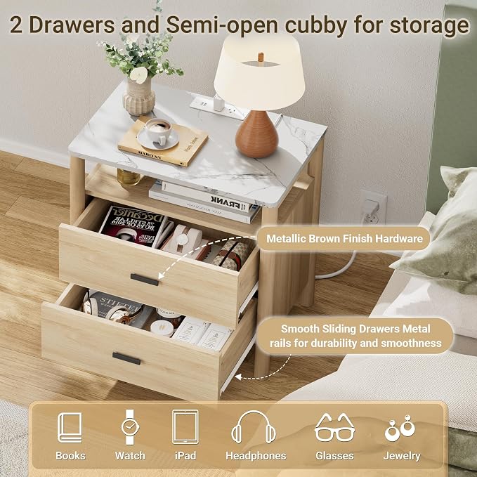 Night Stand with Charging Station, 2 Drawers End Table with Solid Round Post - Image 5
