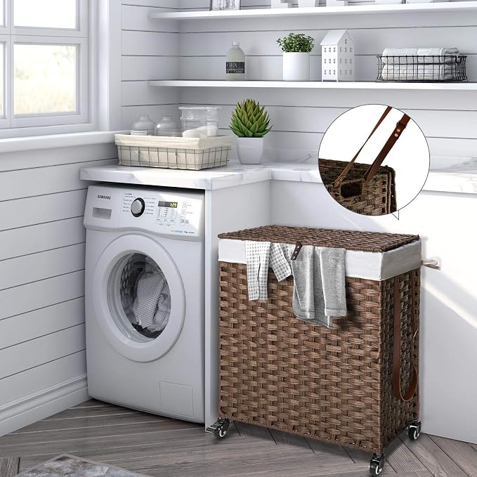 Greenstell Laundry Hamper with Wheels, No Install Needed, 90L Divided Handwoven - Image 2