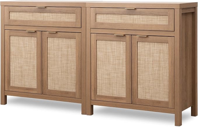 SICOTAS Sideboard Buffet Cabinet Set of 2, Rattan Credenza Storage Cabinet by SICOTAS
