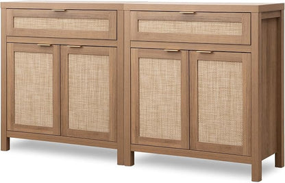 SICOTAS Sideboard Buffet Cabinet Set of 2, Rattan Credenza Storage Cabinet by SICOTAS