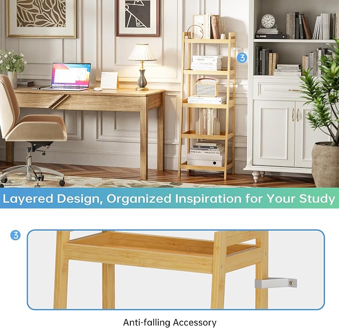 SMIBUY Bamboo Ladder Bookcase, Bathroom Storage Rack Organizer, 4 Tier and 5 - Image 9