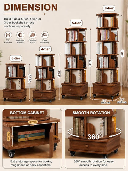 6 Tier Rotating Bookshelf with Cabinet On Wheel, 360° Display Spinning Corner - Image 3