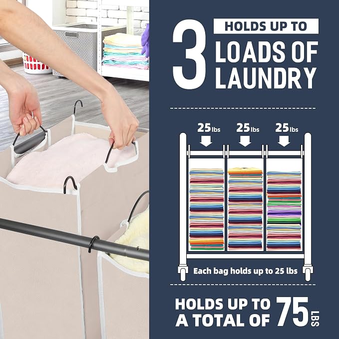 STO STO Laundry Sorter 3 Section, 3 Bag Laundry Hamper, Rolling Laundry Cart - Image 4
