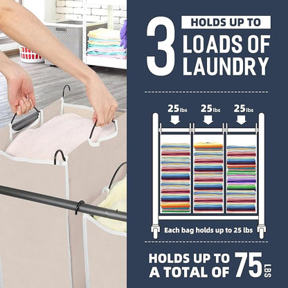 STO STO Laundry Sorter 3 Section, 3 Bag Laundry Hamper, Rolling Laundry Cart - Image 4