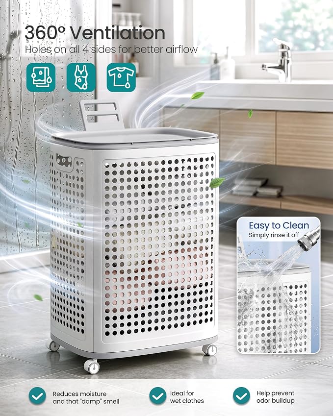 SONGMICS Laundry Hamper with Wheels, Plastic Laundry Basket, 19.8 Gallons - Image 3