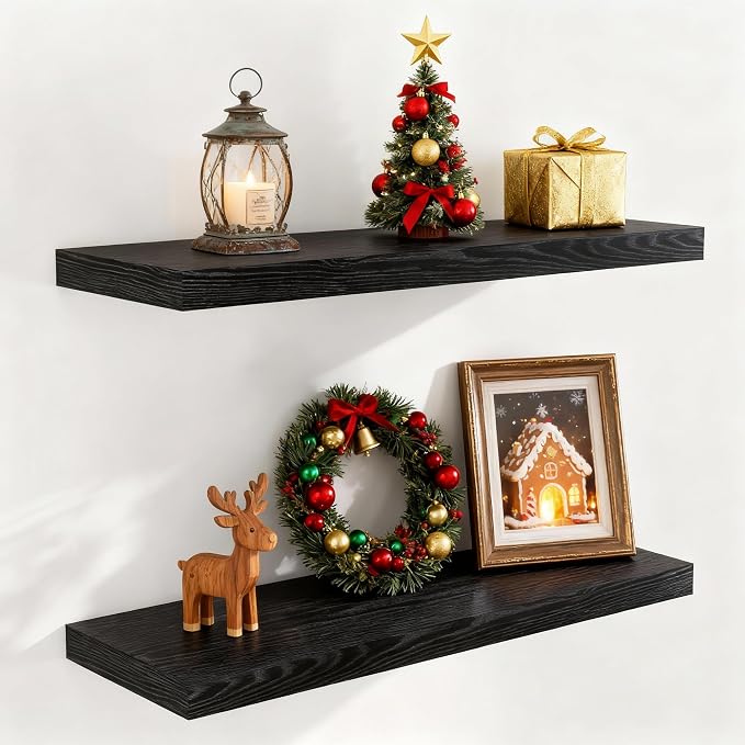 Fun Memories Black Floating Shelves 32 Inch Long, Rustic Wood Wall Mounted by FunMemories