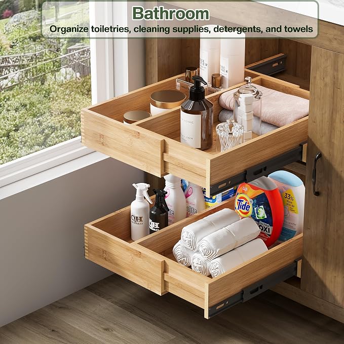 BAMEOS 2-Pack 14" to 20" Adjustable Width Soft Close Slide Out Bamboo Wood - Image 9