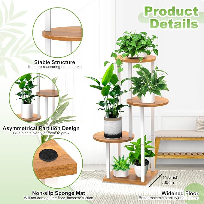 4 Tier Wood Tall Plant Stand Metal Rack Indoor, Round Planter Shelf Display - Image 3