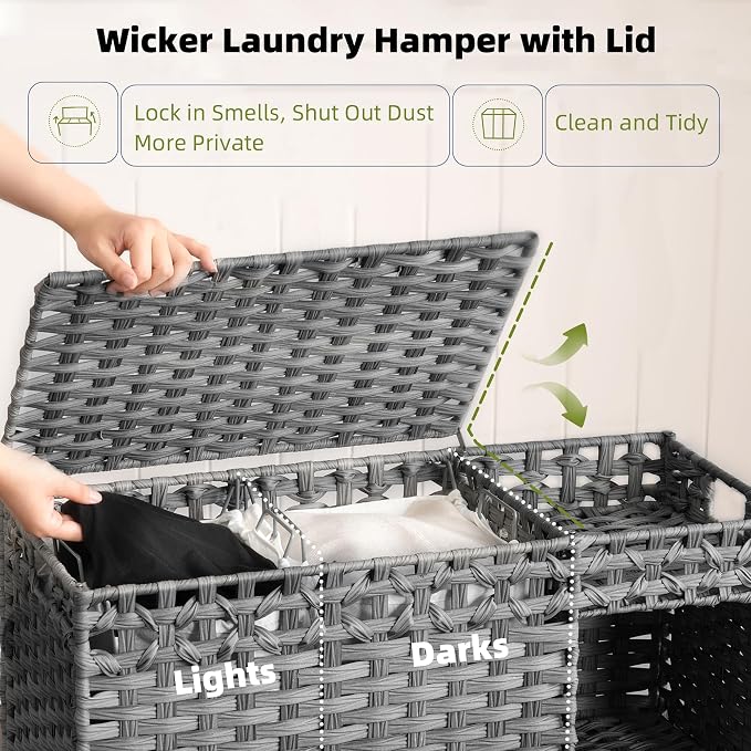 Laundry Hamper with Lid, 160L Rattan Wicker Laundry Basket with Wheels - Image 4