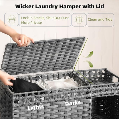 Laundry Hamper with Lid, 160L Rattan Wicker Laundry Basket with Wheels - Image 4
