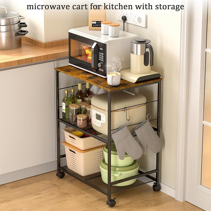 ThreeHio Rolling Kitchen Microwave Cart, 3 Tier Microwave Table Stand - Image 7