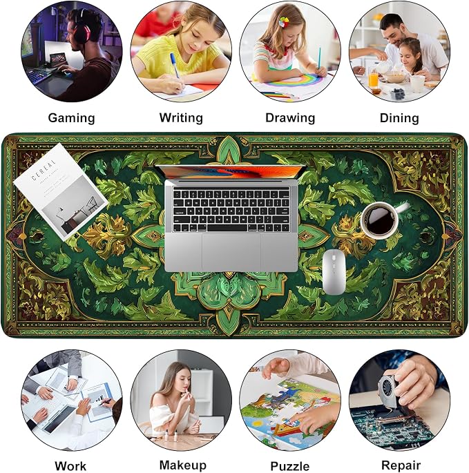 Green Vintage Floral Mouse Pad – Large Extended Desk Mat 35.43 x 15.75 in – - Image 9