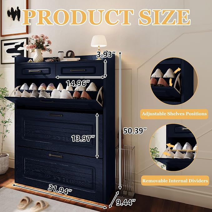 ODUWA Shoe Cabinet with 3 Flip Drawers and 2 Storage Drawers, Shoes Organizer - Image 2