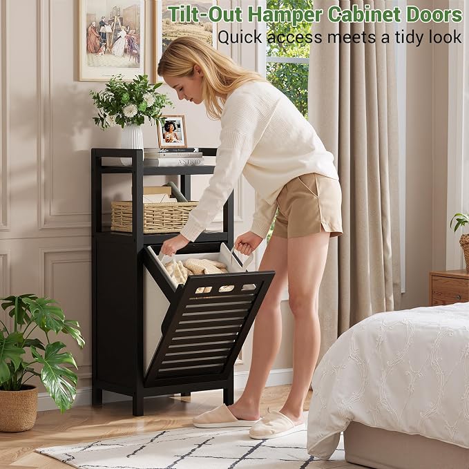 Homykic Tilt Out Laundry Hamper, 10 Gal Bamboo Laundry Storage Cabinet - Image 3