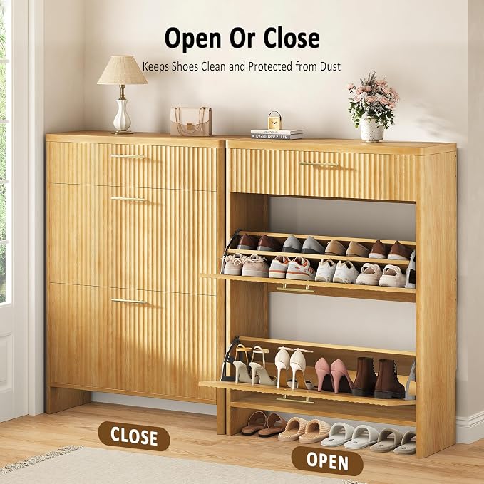 Fluted Shoe Storage Cabinet for Entryway, Narrow Wooden Shoe Cabinet - Image 8