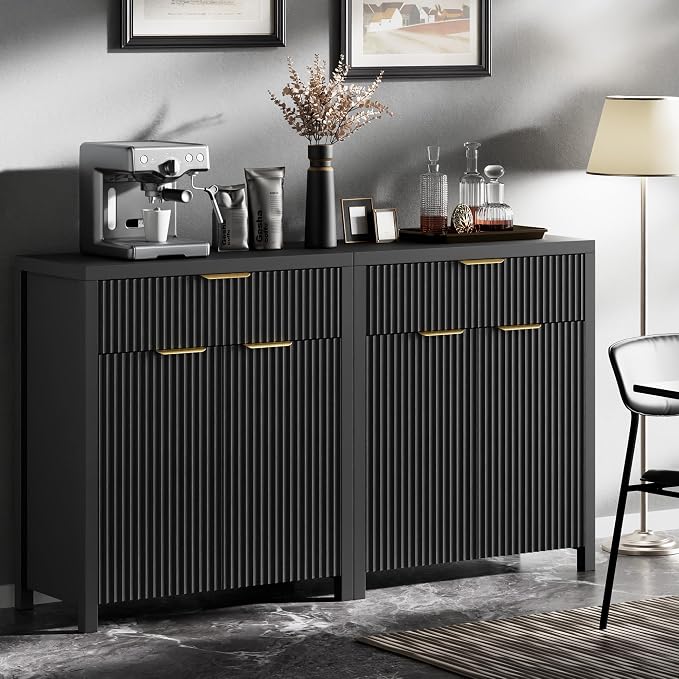 Lulive Fluted Buffet Cabinet for Kitchen, 28.3" Sideboard Cabinet Black | - Image 5