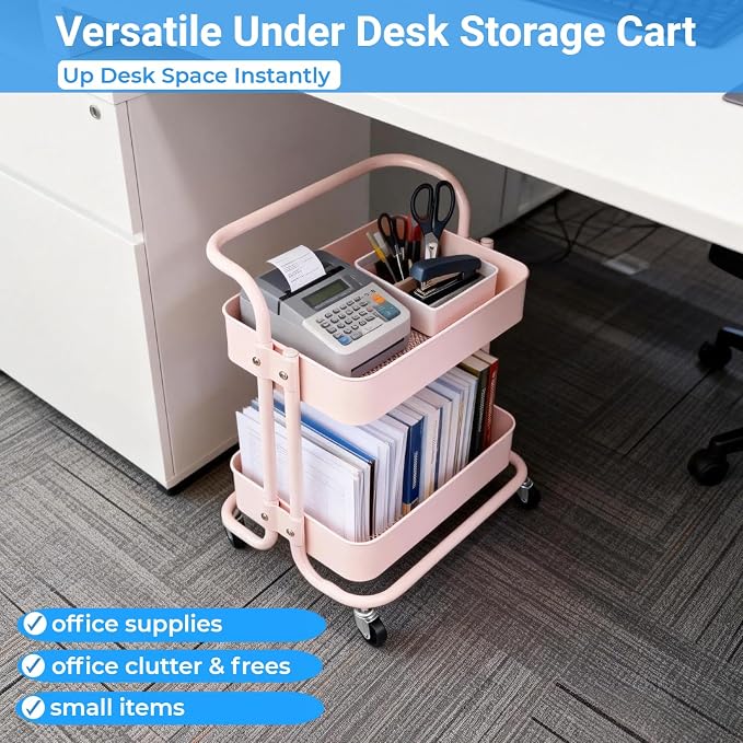 2 Tier Short Rolling Cart with Wheels All-Metal Pink Pantry Storage - Image 5