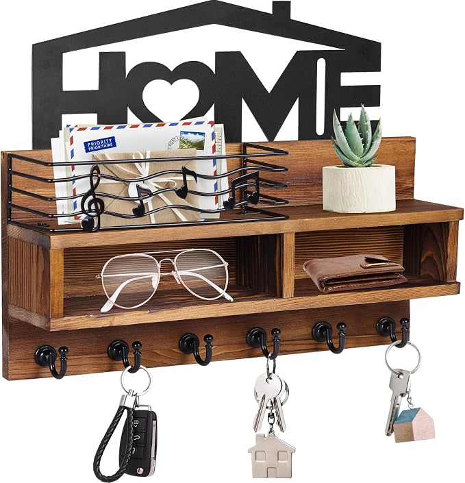 VIS'V Key Holder Wall Mount, Decorative Wood Mail and Key Organizer, Small Shelf by VISV
