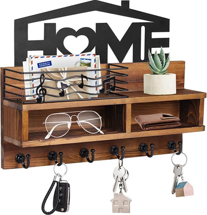 VIS'V Key Holder Wall Mount, Decorative Wood Mail and Key Organizer, Small Shelf by VISV