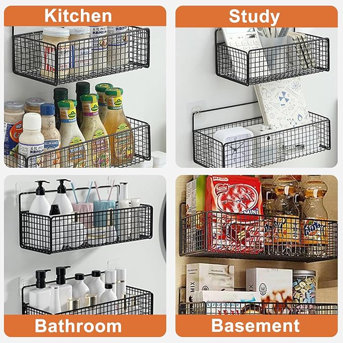 2-Pack Metal Hanging Baskets Black Adhesive Wire Wall Storage Organizer | - Image 3