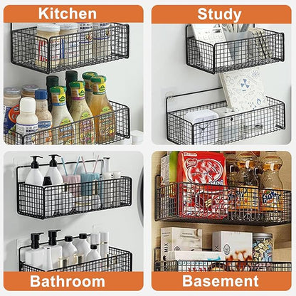2-Pack Metal Hanging Baskets Black Adhesive Wire Wall Storage Organizer | - Image 3