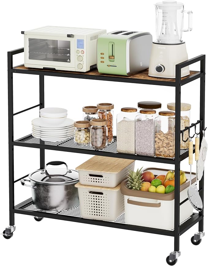 3-Tier Metal Storage Rack with Industrial Wheels, Mesh Shelving Unit with - Image 9