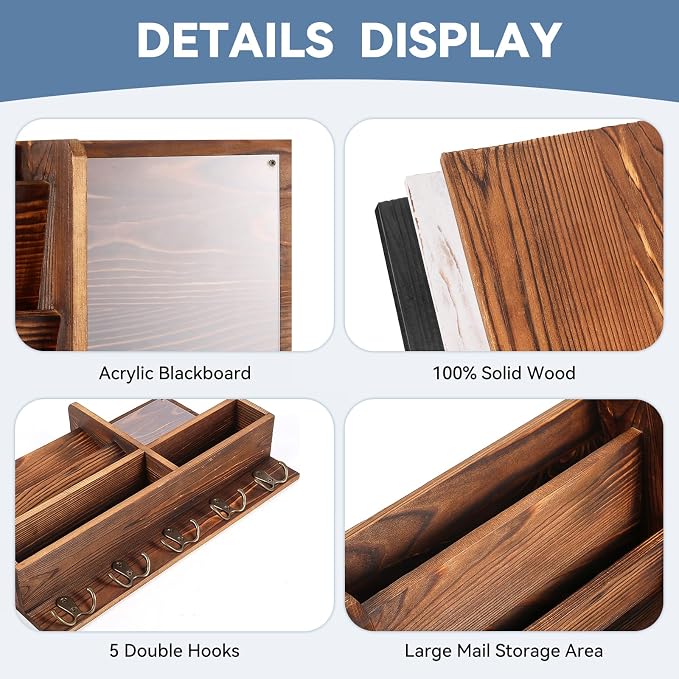 Key Holder Wall Mount, Mail Organizer Wall Mounted, Solid Wood Key Holder - Image 3
