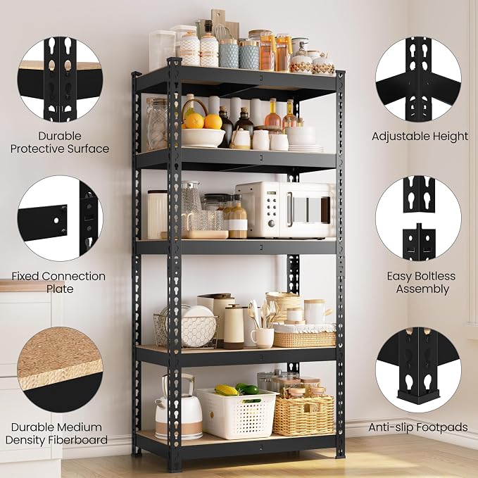 Yaheetech 5-Tier Heavy Duty Storage Shelves 28" W x 12" D x 60" H Black | - Image 6