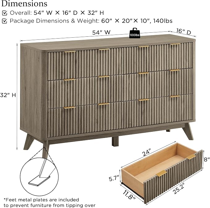 T4TREAM Fluted 6 Drawers Dresser, Curved Profile Design, Dresser TV Stand - Image 2