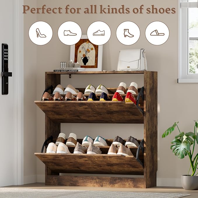 BORNOON Shoe Cabinet with 2 Flip Drawers, Slim Narrow Shoe Storage Cabinet - Image 4