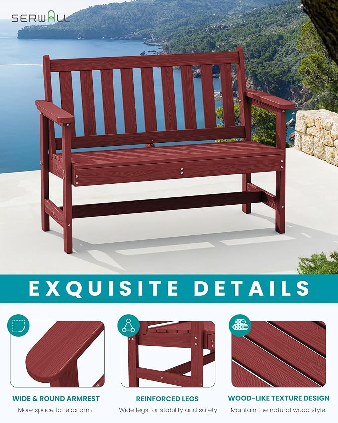SERWALL HDPE Outdoor Bench, 2-Person Weatherproof Porch Bench, 1 Pack, Suitable - Image 4