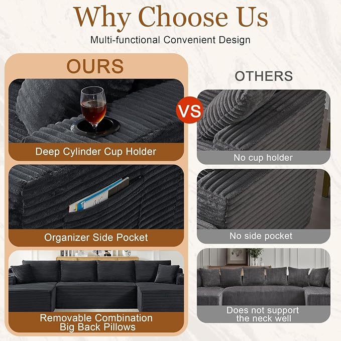 GNIXUU 133.5" Grey U Shaped Boneless Sectional Couch - Image 4