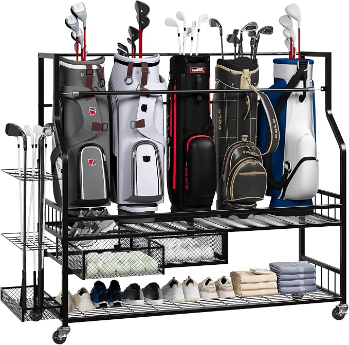 Golf Bag Storage Rack on Wheels, Mobile 5-Bag Organizer by Unknown