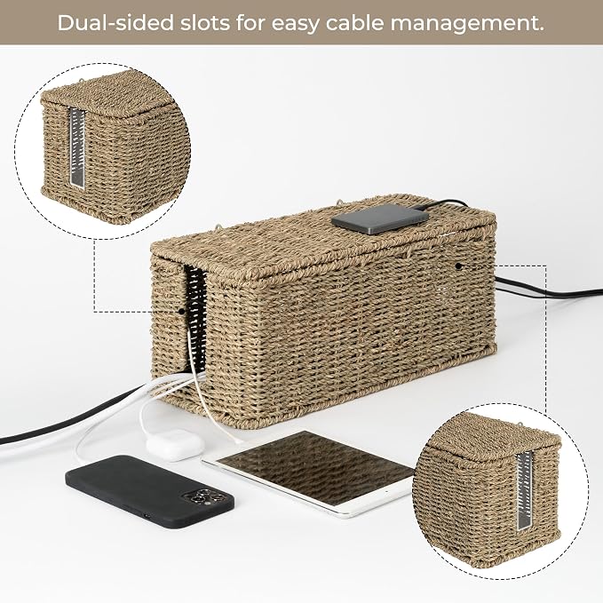 StorageWorks Large Cable Management Box, 2 Slots Wicker Cable Organizer to Hide - Image 3