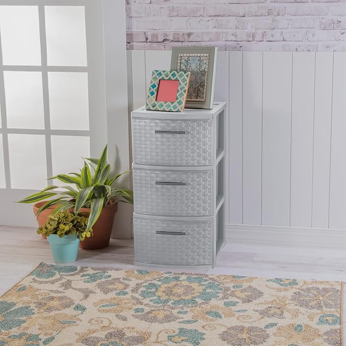 Sterilite 4 Pack 3 Drawer Storage Tower, Plastic Weave Medium Organizer - Image 5