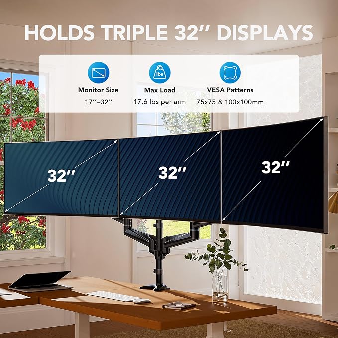 HUANUO Triple Monitor Mount for 17 to 32 inch Screens, Adjustment Triple - Image 2