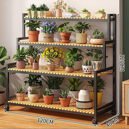 Rolling Plant Stand Bamboo 4 Tier Plant Stand Rack Shelf - Image 2