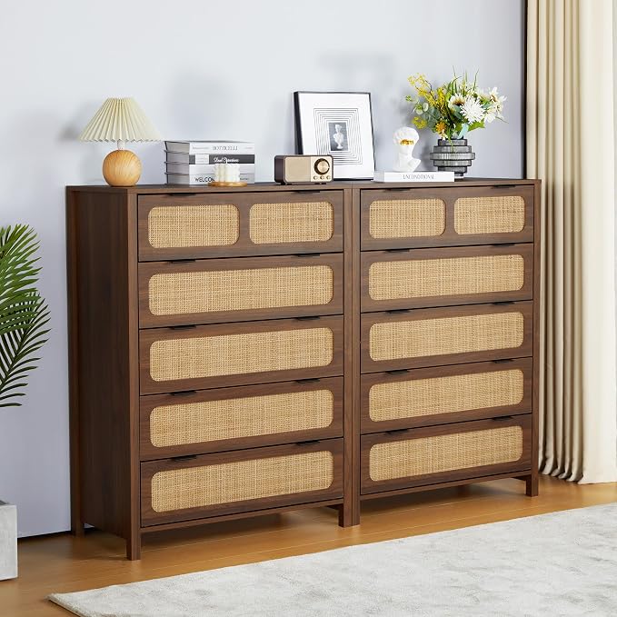 LEVNARY 5 Drawer Chest Dresser, Rattan Tall Dresser 5 Chest of Drawers Dressers - Image 8