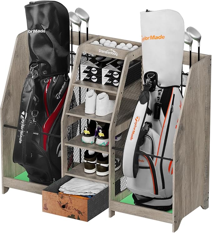 Golf Bag Storage Organizer for Garage, Premium Wooden 2 Golf Bags Rack by Ponsonbay