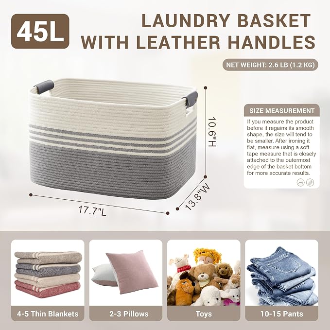 45L Small Laundry Basket with Leather Handles - Image 2