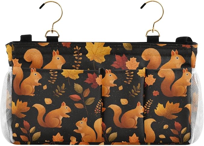 Black Orange Squirrel Leaves Falling Bedside Caddy by QwThum