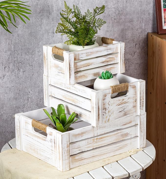 TIMRIS Set of 3 Rustic Wood Nesting Crates, Farmhouse Wooden Storage Container by TIMRIS