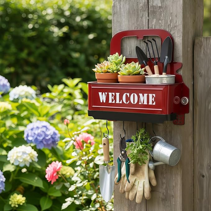 Truck Farmhouse Key Rack & Rustic Metal Wall Planter, Wall Mounted Flower Pot - Image 4
