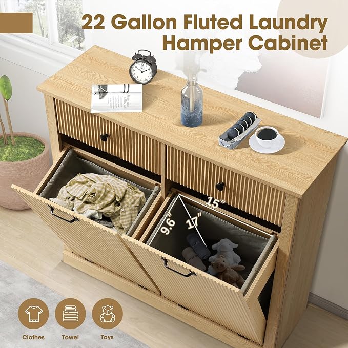 Grepatio Tilt Out Fluted Laundry Hamper Cabinet, 22 Gallon Double Hidden - Image 5