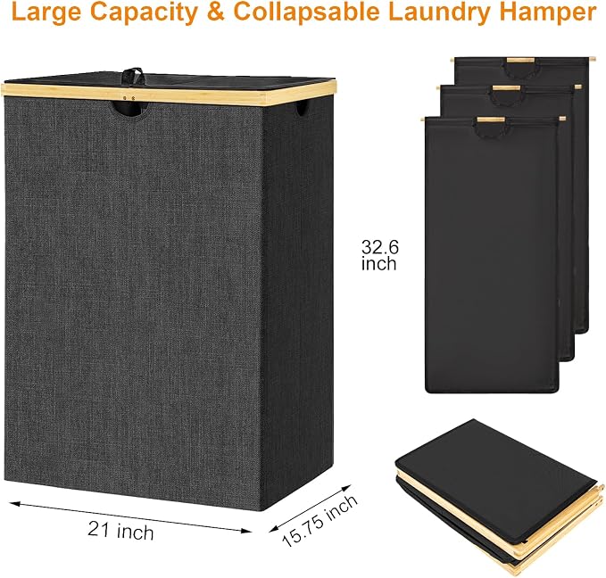 WOWLIVE 180L Laundry Hamper 3 Section, Bamboo Laundry Basket - Image 7