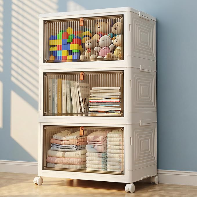 LDQ Storage Bins with Lids, 3 Tier 69QT Stackable Storage Cabinet, Foldable by Unknown