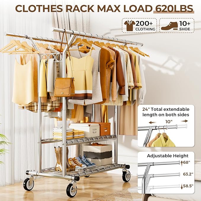 HYSEYY Heavy Duty Clothes Rack, Rolling Clothing Rack - Image 2