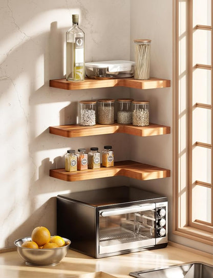 BATODA Acacia Wood Corner Floating Shelves 17" x 12"– Corner Shelf Wall Mounted - Image 5