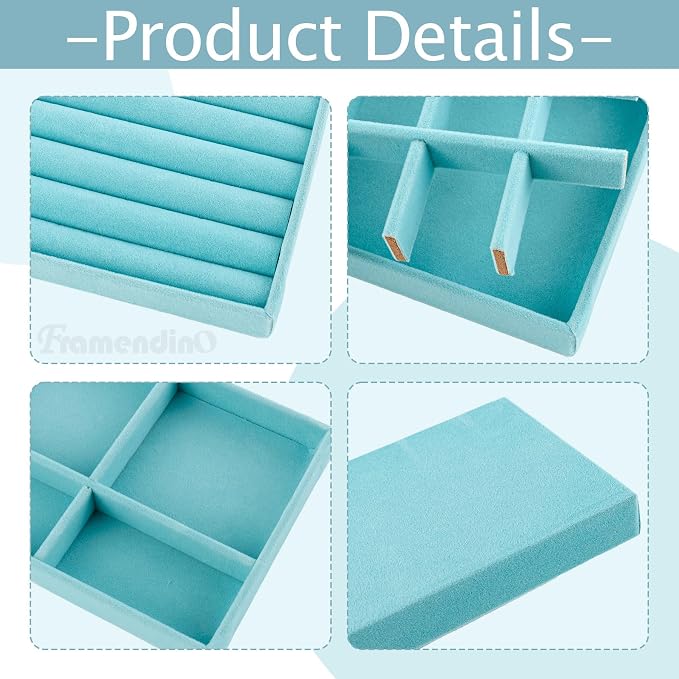 Framendino, 4 Pack Blue Velvet Jewelry Trays Stackable Organizer Drawer Inserts - Image 6