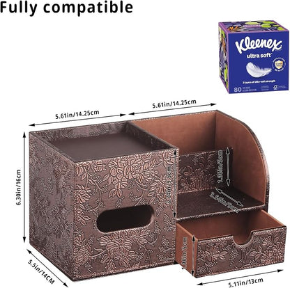 YAPISHI Tissue Box Cover with Storage Tray and Drawer, PU Leather Square Tissue - Image 3
